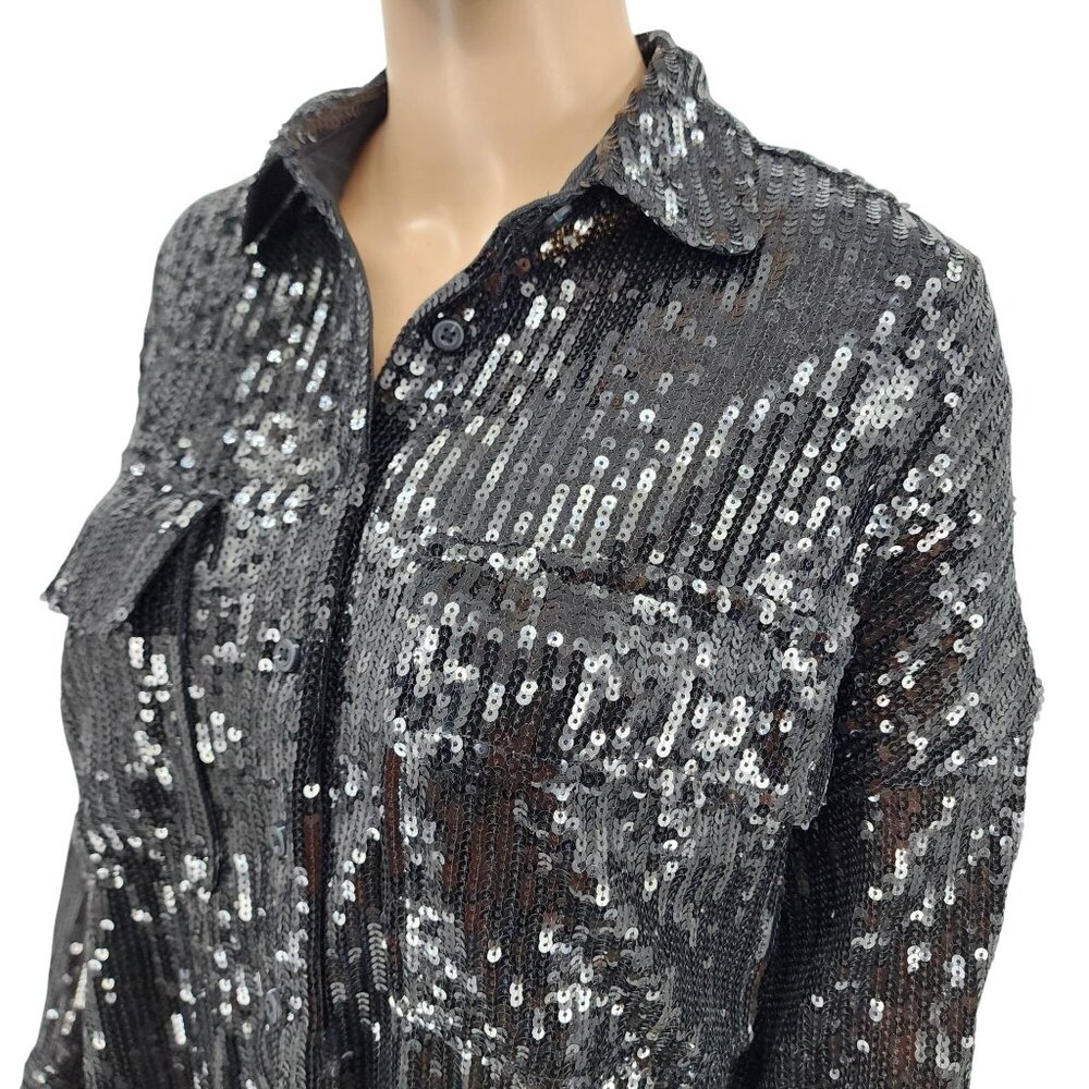 Pilcro Black Sequin Button-Up Shirt Womens Large Long Sleeve Glam Party Top